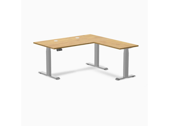 Desky Rubberwood L-Shape Sit Stand Desk - Light Oak / 60 x 30 x 62 x 20 in with Grommets / Gray
