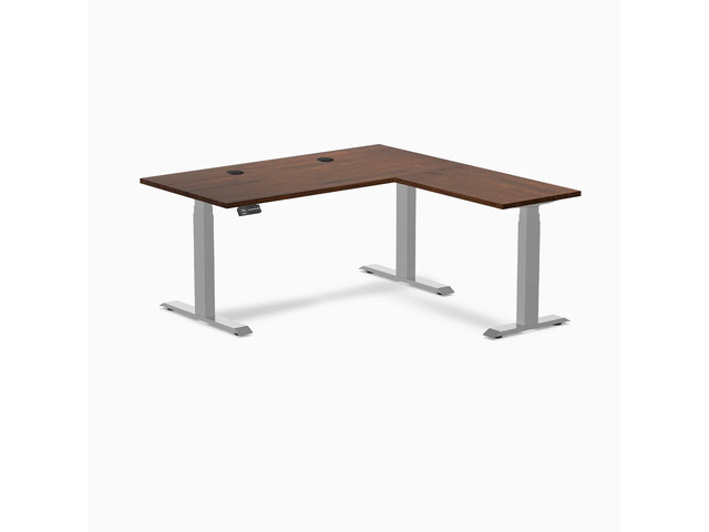 Desky Rubberwood L-Shape Sit Stand Desk - Red Walnut / 60 x 30 x 62 x 20 in with Grommets / Gray