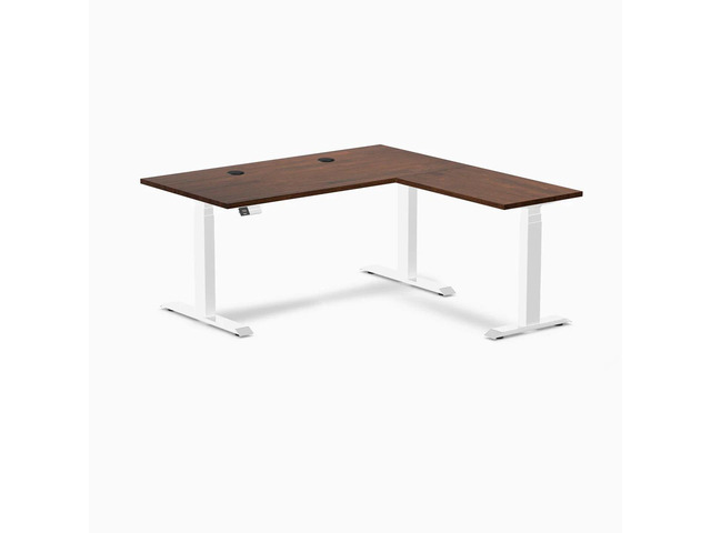Desky Rubberwood L-Shape Sit Stand Desk - Red Walnut / 60 x 30 x 62 x 20 in with Grommets / White