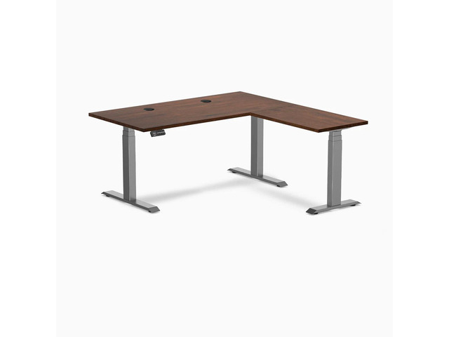 Desky Rubberwood L-Shape Sit Stand Desk - Red Walnut / 60 x 30 x 62 x 20 in with Grommets / Space Gray