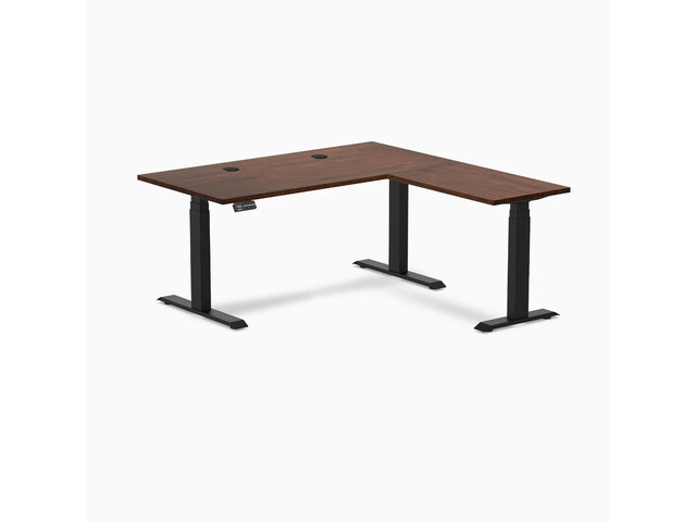 Desky Rubberwood L-Shape Sit Stand Desk - Red Walnut / 60 x 30 x 62 x 20 in with Grommets / Matte Black