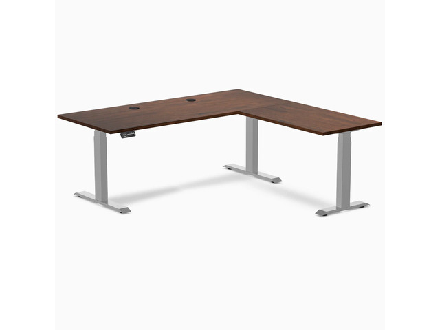 Desky Rubberwood L-Shape Sit Stand Desk - Red Walnut / 72 x 30 x 70 x 24 in with Grommets / Gray