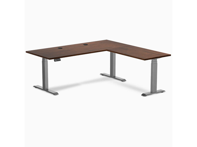Desky Rubberwood L-Shape Sit Stand Desk - Red Walnut / 72 x 30 x 70 x 24 in with Grommets / Space Gray