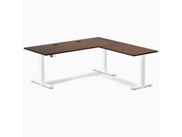 Desky Rubberwood L-Shape Sit Stand Desk - Red Walnut / 72 x 30 x 70 x 24 in with Grommets / White