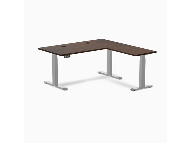 Desky Rubberwood L-Shape Sit Stand Desk - Dark Walnut / 60 x 30 x 62 x 20 in with Grommets / Gray