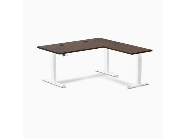 Desky Rubberwood L-Shape Sit Stand Desk - Dark Walnut / 60 x 30 x 62 x 20 in with Grommets / White