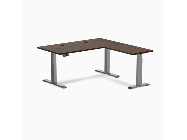 Desky Rubberwood L-Shape Sit Stand Desk - Dark Walnut / 60 x 30 x 62 x 20 in with Grommets / Space Gray
