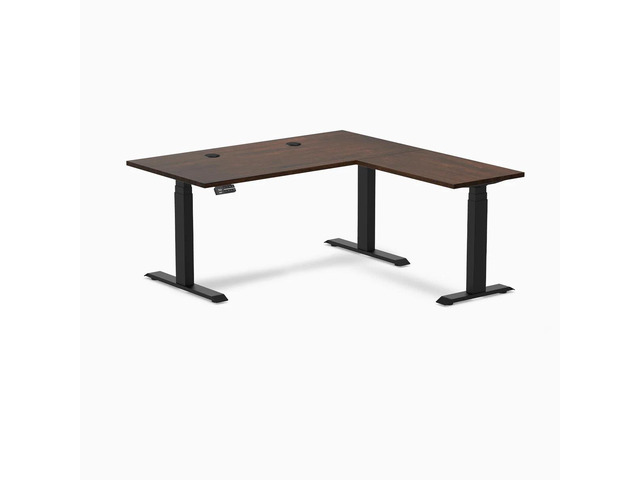 Desky Rubberwood L-Shape Sit Stand Desk - Dark Walnut / 60 x 30 x 62 x 20 in with Grommets / Matte Black