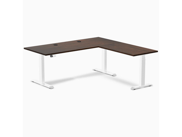 Desky Rubberwood L-Shape Sit Stand Desk - Dark Walnut / 72 x 30 x 70 x 24 in with Grommets / White