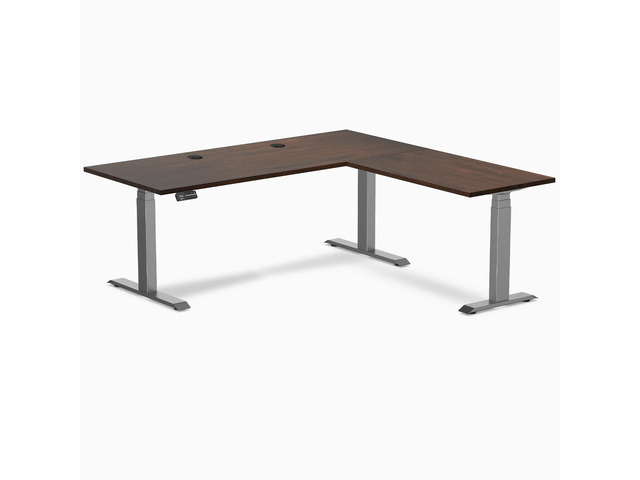 Desky Rubberwood L-Shape Sit Stand Desk - Dark Walnut / 72 x 30 x 70 x 24 in with Grommets / Space Gray