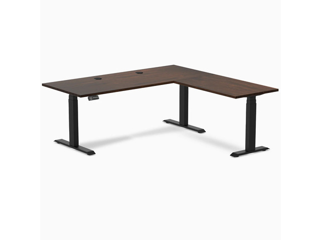 Desky Rubberwood L-Shape Sit Stand Desk - Dark Walnut / 72 x 30 x 70 x 24 in with Grommets / Matte Black