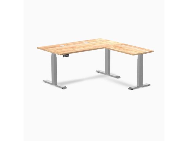 Desky Rubberwood L-Shape Sit Stand Desk - Natural Timber / 60 x 30 x 62 x 20 in with Grommets / Gray