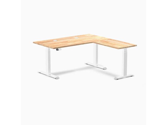 Desky Rubberwood L-Shape Sit Stand Desk - Natural Timber / 60 x 30 x 62 x 20 in with Grommets / White