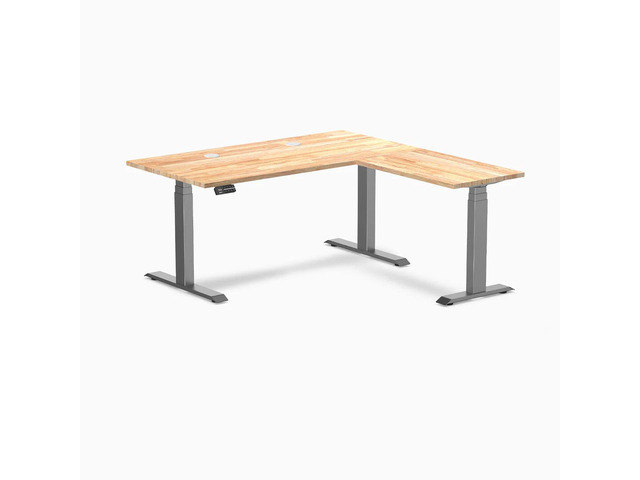 Desky Rubberwood L-Shape Sit Stand Desk - Natural Timber / 60 x 30 x 62 x 20 in with Grommets / Space Gray