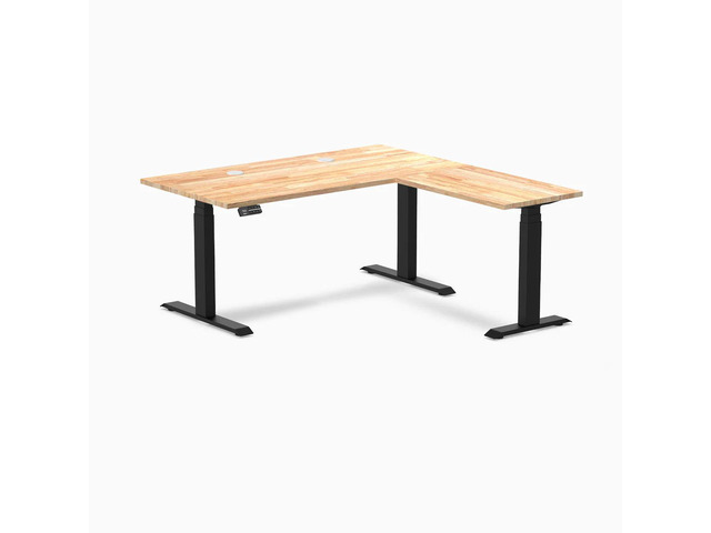 Desky Rubberwood L-Shape Sit Stand Desk - Natural Timber / 60 x 30 x 62 x 20 in with Grommets / Matte Black