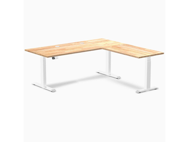 Desky Rubberwood L-Shape Sit Stand Desk - Natural Timber / 72 x 30 x 70 x 24 in with Grommets / White