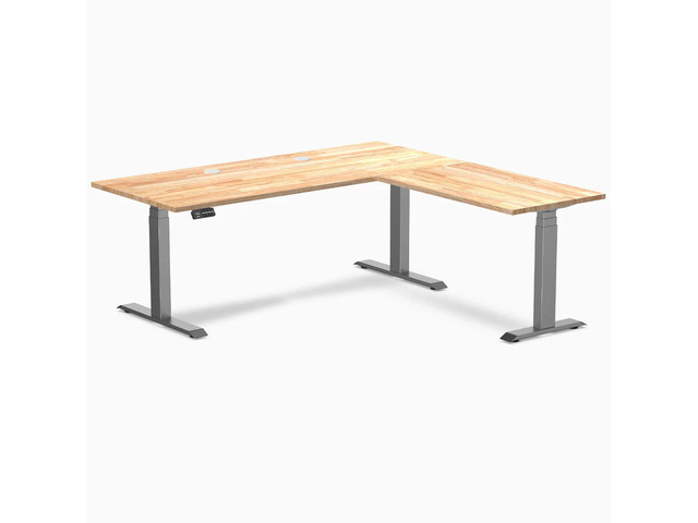 Desky Rubberwood L-Shape Sit Stand Desk - Natural Timber / 72 x 30 x 70 x 24 in with Grommets / Space Gray