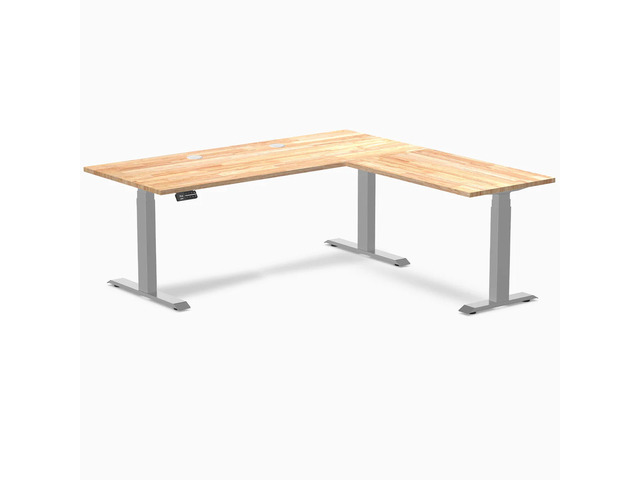 Desky Rubberwood L-Shape Sit Stand Desk - Natural Timber / 72 x 30 x 70 x 24 in with Grommets / Gray