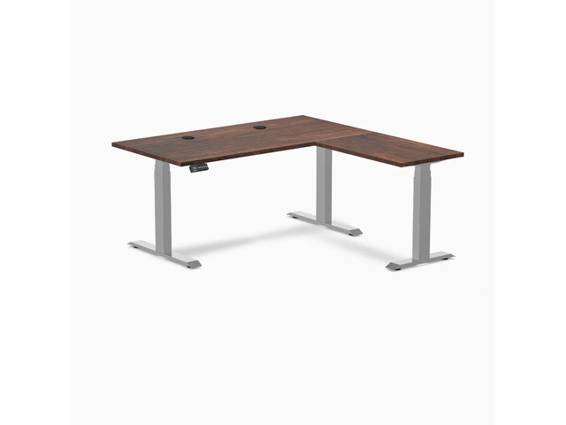 Desky Softwood L-Shape Sit Stand Desk - American Rustic Pine / 60 x 30 x 62 x 20 in with Grommets / Gray