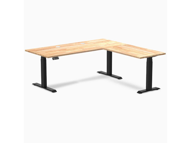 Desky Rubberwood L-Shape Sit Stand Desk - Natural Timber / 72 x 30 x 70 x 24 in with Grommets / Matte Black