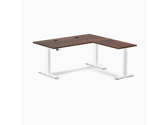 Desky Softwood L-Shape Sit Stand Desk - American Rustic Pine / 60 x 30 x 62 x 20 in with Grommets / White
