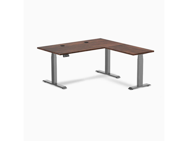 Desky Softwood L-Shape Sit Stand Desk - American Rustic Pine / 60 x 30 x 62 x 20 in with Grommets / Space Gray