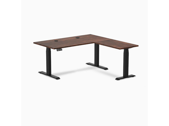 Desky Softwood L-Shape Sit Stand Desk - American Rustic Pine / 60 x 30 x 62 x 20 in with Grommets / Matte Black