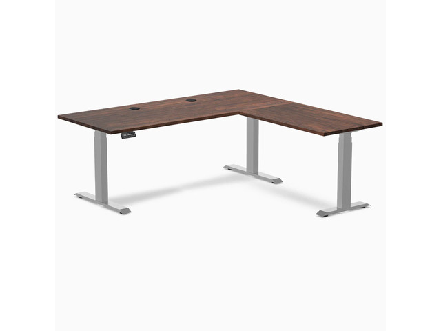 Desky Softwood L-Shape Sit Stand Desk - American Rustic Pine / 72 x 30 x 70 x 24 in with Grommets / Gray