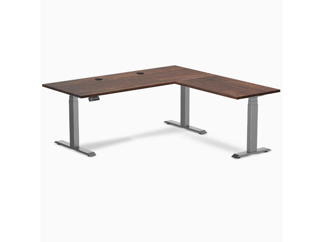 Desky Softwood L-Shape Sit Stand Desk - American Rustic Pine / 72 x 30 x 70 x 24 in with Grommets / Space Gray