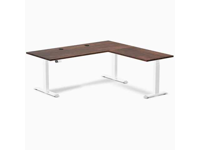 Desky Softwood L-Shape Sit Stand Desk - American Rustic Pine / 72 x 30 x 70 x 24 in with Grommets / White