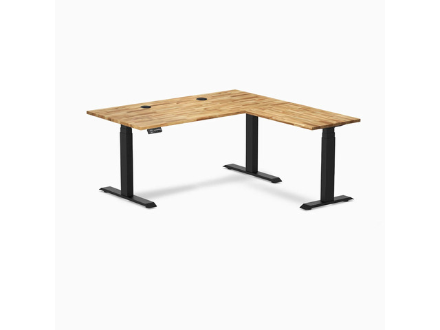 Desky Hardwood L-Shape Sit Stand Desk - Acacia / 60 x 30 x 62 x 20 in with Grommets / Matte Black