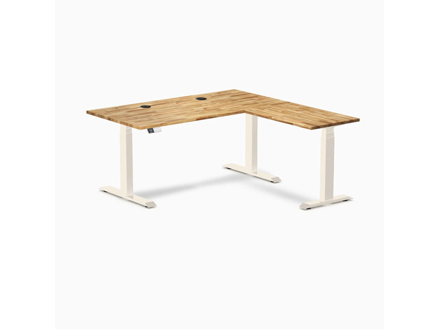 Desky Hardwood L-Shape Sit Stand Desk - Acacia / 60 x 30 x 62 x 20 in with Grommets / White