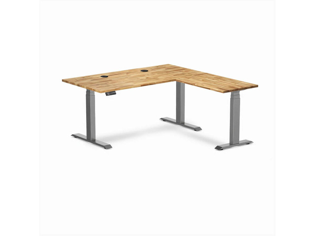 Desky Hardwood L-Shape Sit Stand Desk - Acacia / 60 x 30 x 62 x 20 in with Grommets / Space Gray