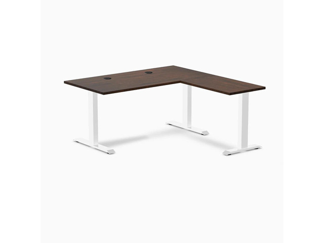 Desky Zero Rubberwood L-Shape Office Desk - Dark Walnut / 60 x 30 x 62 x 20 in with Grommets / White