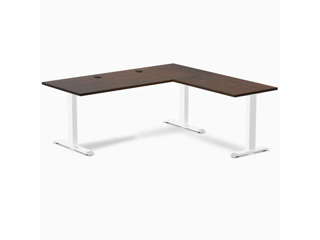 Desky Zero Rubberwood L-Shape Office Desk - Dark Walnut / 72 x 30 x 70 x 24 in with Grommets / White