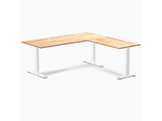 Desky Zero Rubberwood L-Shape Office Desk - Natural Timber / 72 x 30 x 70 x 24 in with Grommets / White