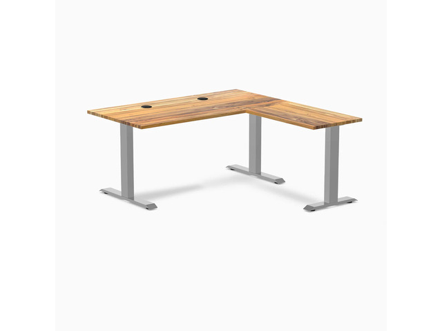 Desky Zero Hardwood L-Shape Office Desk - Teak / 60 x 30 x 62 x 20 in with Grommets / Gray
