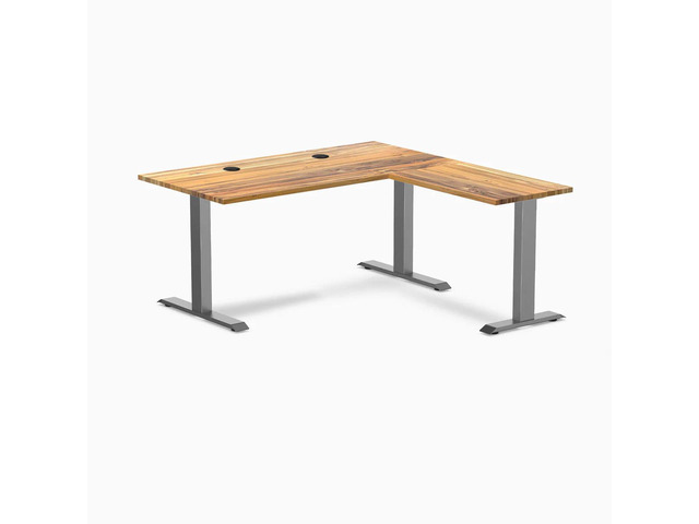 Desky Zero Hardwood L-Shape Office Desk - Teak / 60 x 30 x 62 x 20 in with Grommets / Space Gray