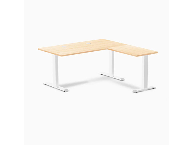 Desky Zero Hardwood L-Shape Office Desk - Maple / 60 x 30 x 62 x 20 in with Grommets / White