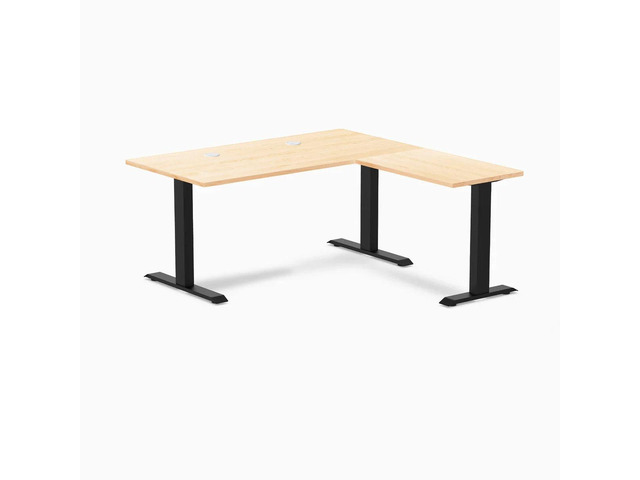 Desky Zero Hardwood L-Shape Office Desk - Maple / 60 x 30 x 62 x 20 in with Grommets / Matte Black