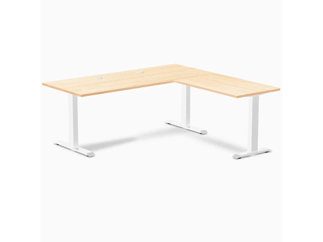 Desky Zero Hardwood L-Shape Office Desk - Maple / 72 x 30 x 70 x 24 in with Grommets / White