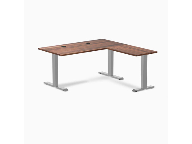 Desky Zero Hardwood L-Shape Office Desk - Walnut / 60 x 30 x 62 x 20 in with Grommets / Gray