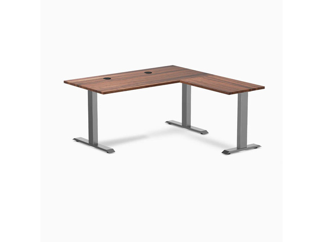 Desky Zero Hardwood L-Shape Office Desk - Walnut / 60 x 30 x 62 x 20 in with Grommets / Space Gray