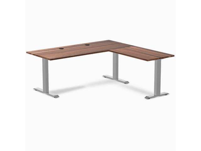 Desky Zero Hardwood L-Shape Office Desk - Walnut / 72 x 30 x 70 x 24 in with Grommets / Gray