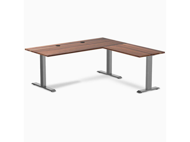 Desky Zero Hardwood L-Shape Office Desk - Walnut / 72 x 30 x 70 x 24 in with Grommets / Space Gray
