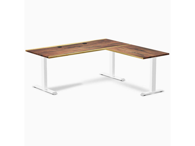 Desky Zero Hardwood L-Shape Office Desk - Pheasantwood / 72 x 30 x 70 x 24 in with Grommets / White