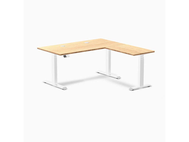Desky Bamboo L-Shape Sit Stand Desk - Bamboo / 60 x 30 x 62 x 20 in with Grommets / White