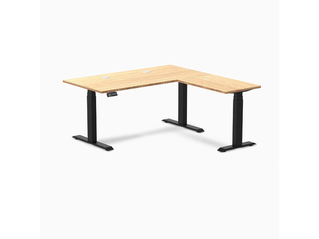 Desky Bamboo L-Shape Sit Stand Desk - Bamboo / 60 x 30 x 62 x 20 in with Grommets / Matte Black