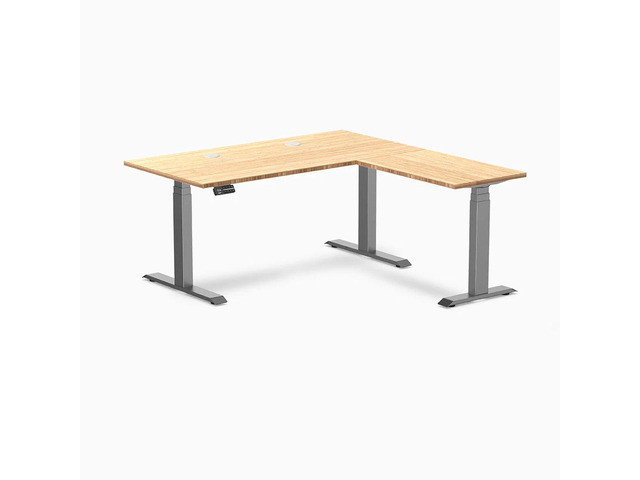 Desky Bamboo L-Shape Sit Stand Desk - Bamboo / 60 x 30 x 62 x 20 in with Grommets / Space Gray
