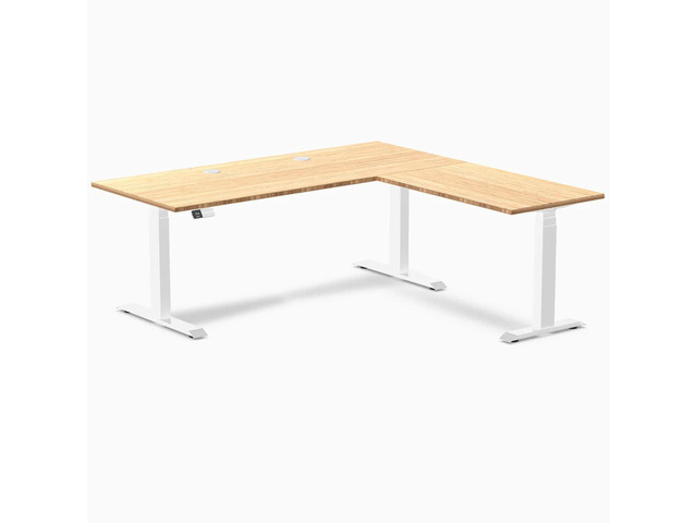 Desky Bamboo L-Shape Sit Stand Desk - Bamboo / 72 x 30 x 70 x 24 in with Grommets / White